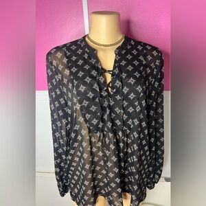 Black Sheer Blouse with White Pattern
